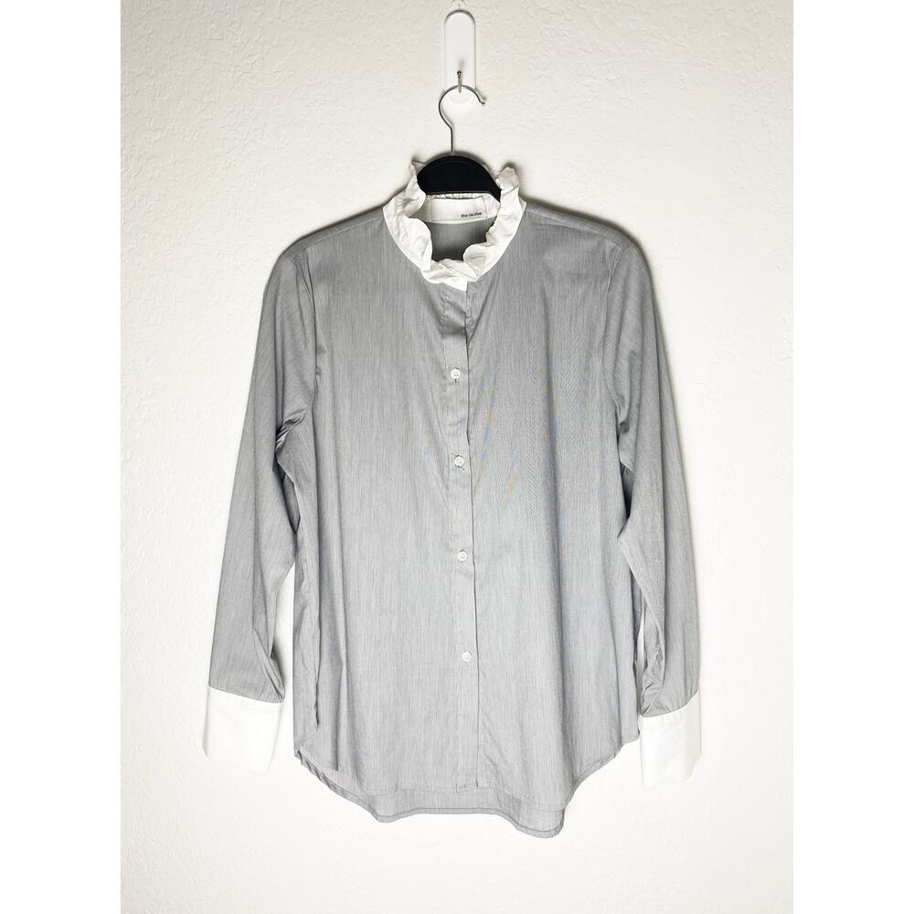 The Risolve Womens Button Up Top Gray Stripe White Ruffle Stand Up Collar Cotton